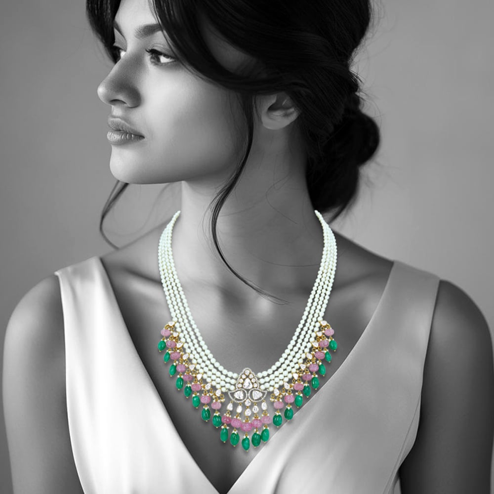 Layered Pearl Necklace with Polki, Emerald, and Rose Quartz Beads